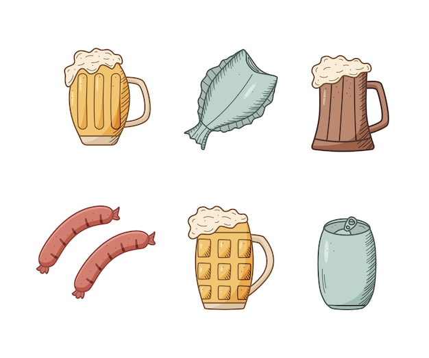 Vector beer doodle icons set vector illustration of pub elements beer and snacks drawing oktoberfest or bar