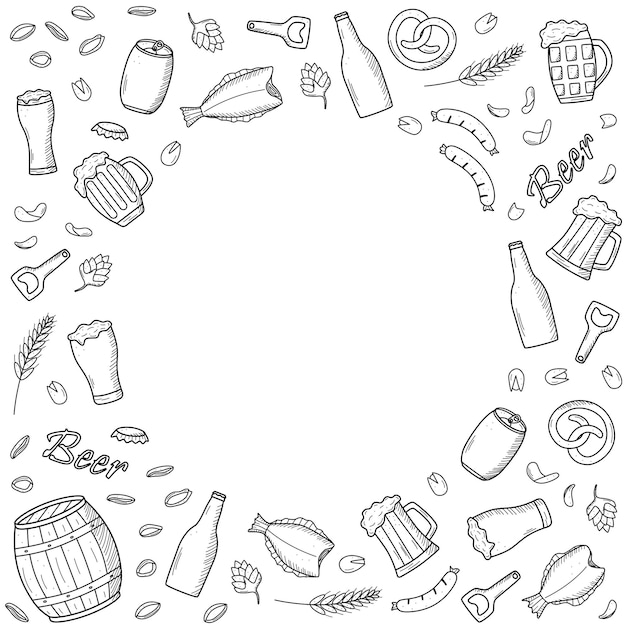 Beer doodle icons set Vector illustration of Pub elements beer and snacks Sketch drawing Oktoberfest or bar