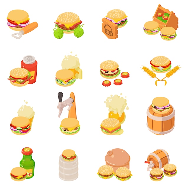 Beer evening icons set, isometric style