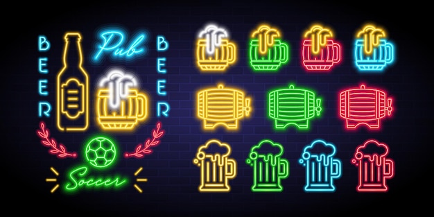 Beer and football fans club icon set with neon light glowing vector illustration