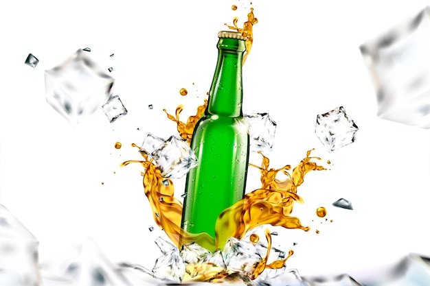 Beer glass bottle with liquid and ice cubes flying in the air  