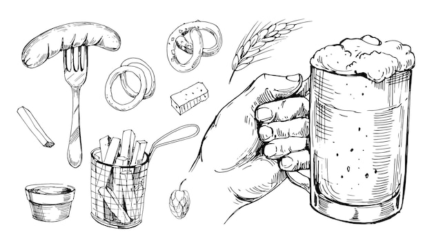 Beer glass and snacks. Hand drawn sketch converted to vector. Isolated on white background