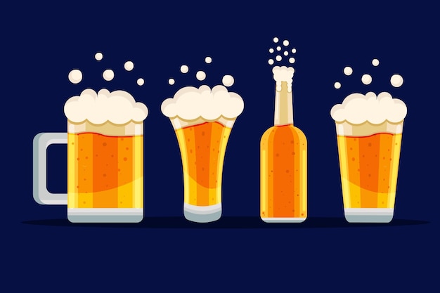 Beer glasses and bottle with foam in flat design illustration