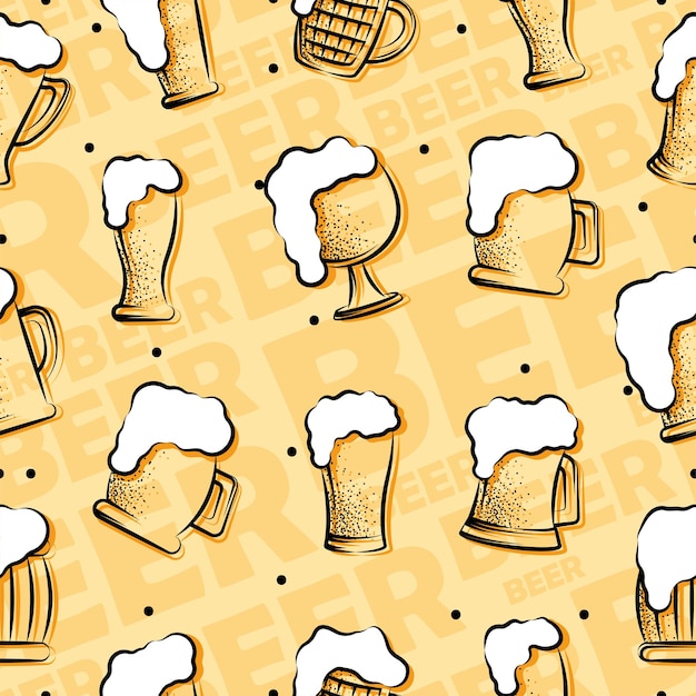 Vector beer glasses and bottles sketch pattern background vector