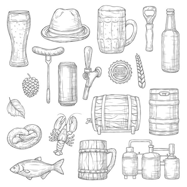 Beer isolated sketches. Alcohol drink of brewery