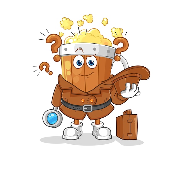 Beer mug detective vector cartoon character