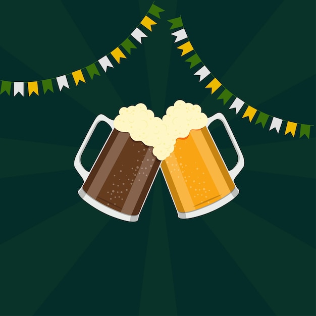 Vector beer mugs with dark and light beer on a dark green background