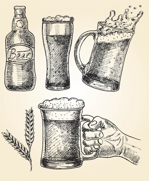 Beer set. Vector illustration of glasses and mug, hops, malt and bottle. Oktoberfest