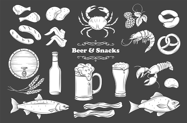 Beer and snack glyph isolated icons set. White on black illustration for pub shop label.