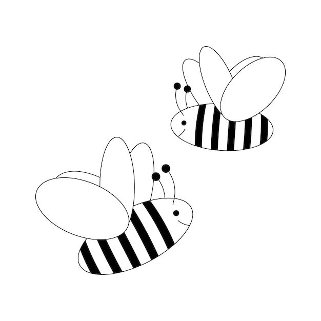 Bees, black line drawing, doodle isolated on white background.