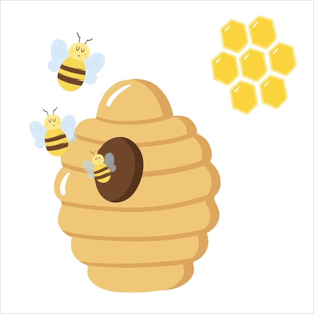 Bees fly out of the hive Bees and bee hive Cute bees and honeycomb Vector flat illustration