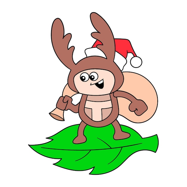 The beetle is carrying a Christmas gift sack doodle icon image kawaii