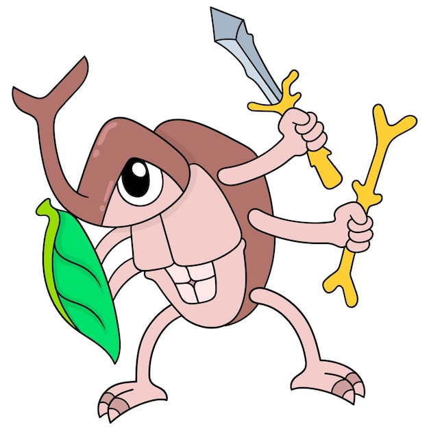 The beetle is holding the sword and shield preparing for battle, vector illustration art. doodle icon image kawaii.