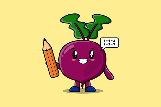 Beetroot cute cartoon clever student with pencil style design in flat modern style design