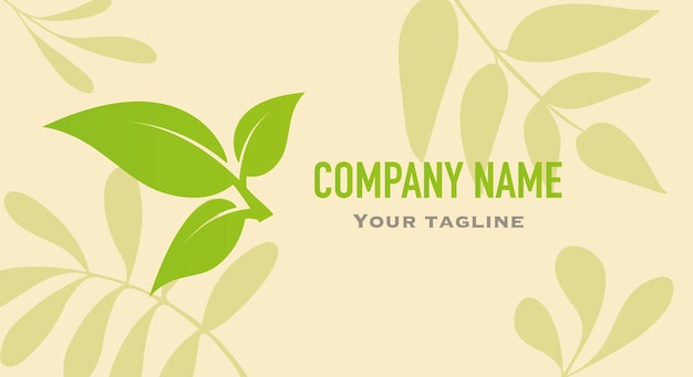 Beige business card with green leaves for organic bio logo natural eco products cosmetic pharmacy