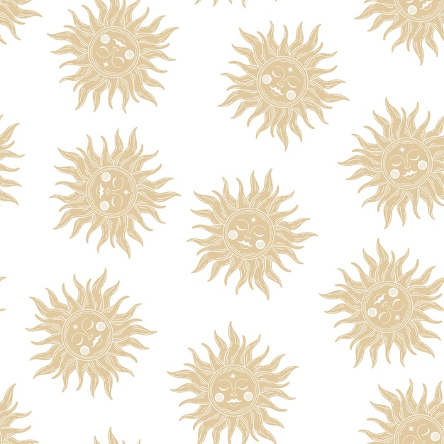 Beige celestial sun seamless pattern with white background.