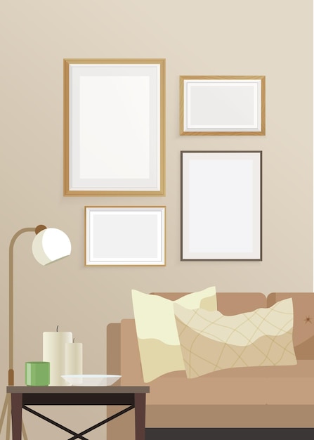 Beige interior with a mockup pictures on the wall Empty photo frame in interior with beige sofa