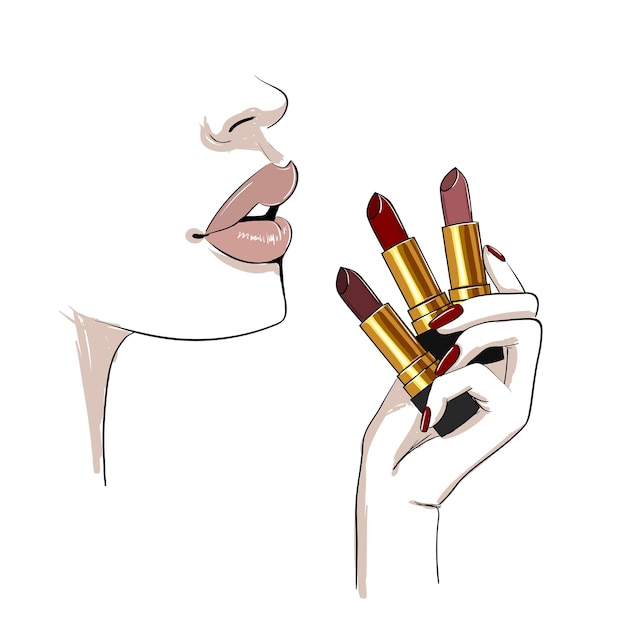 Beige lips and hand with lipsticks