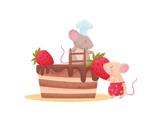 Beige mouse in a red apron gives a big strawberry to a gray mouse in the chef s hat to decorate a chocolate cake Vector illustration on white background