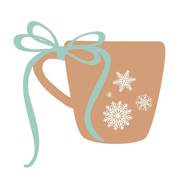 A beige mug with a hot drink, decorated with a blue bow and snowflakes. Vertor illustration, isolate