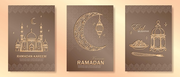 Vector beige ramadan kareem cards with linear golden mosque crescent moon arabic lantern dates rosary beads