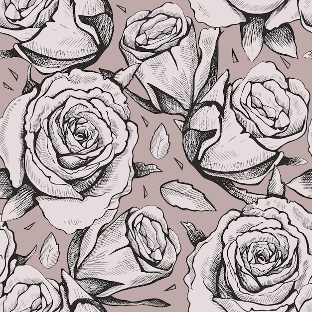 Beige seamless vector pattern of hand drawn roses