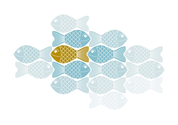 Being different or special vector concept shown with funny cartoon fishes and one is another color and swimming another direction, alternative opposition, variety.