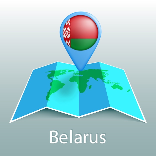 Belarus flag world map in pin with name of country on gray background