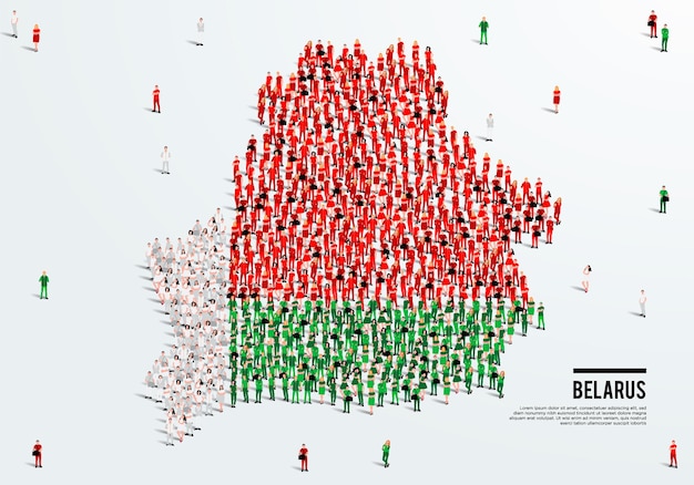 Belarus Map and Flag A large group of people in the Belarus flag color form to create the map