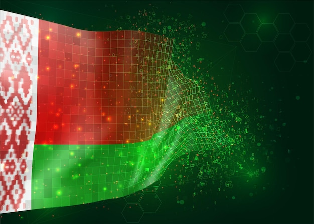 Belarus, on vector 3d flag on green background with polygons and data numbers