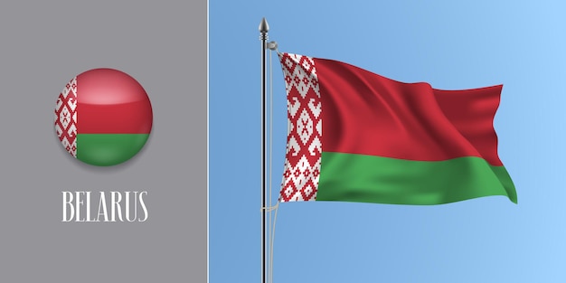 Belarus waving flag on flagpole and round icon vector illustration. Realistic 3d mockup with design of Belarusian flag and circle button