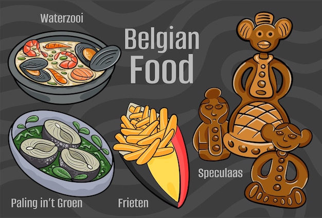 Belgian food A set of classic dishes Cartoon hand drawn illustration