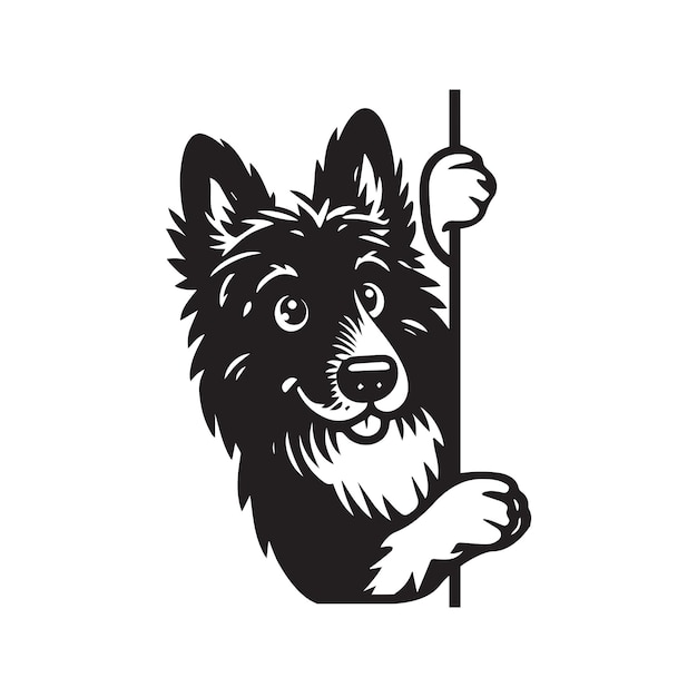 Vector belgian tervuren dog peeking face dog clipart vector illustration in black and white