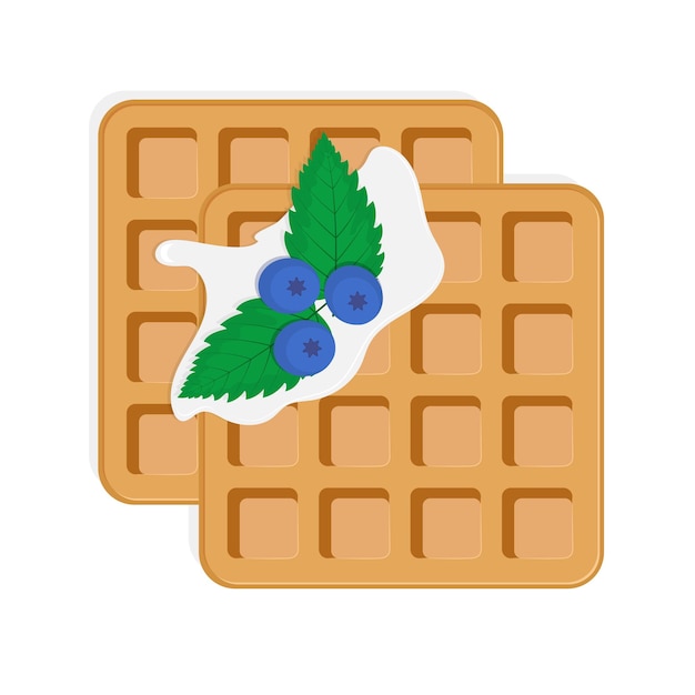 Belgian waffles with cream and blueberries vector isolated illustration