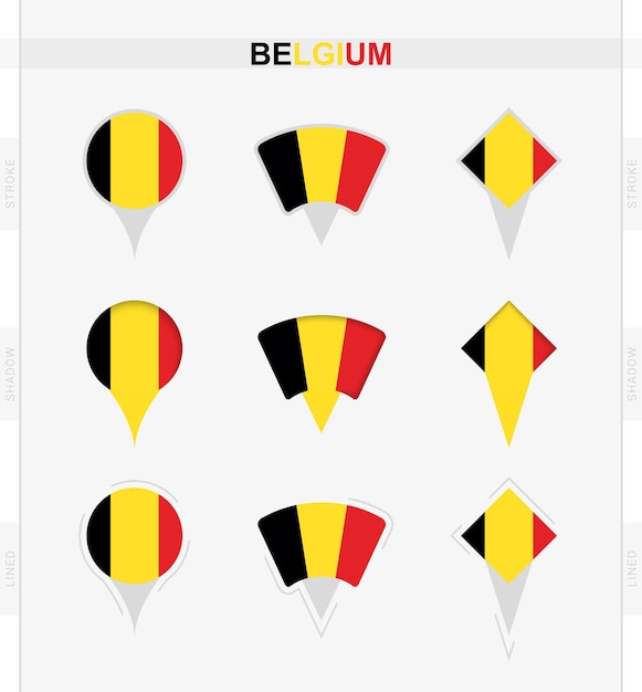 Belgium flag set of location pin icons of Belgium flag