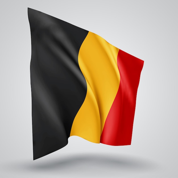 Belgium, vector flag with waves and bends waving in the wind on a white background.