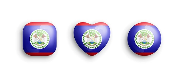 Belize Official National Flag 3D Vector Glossy Icons In Rounded Square Heart And Circle Shapes Isolated On White Belizean Sign And Symbols Graphic Design Elements Volumetric Buttons Collection