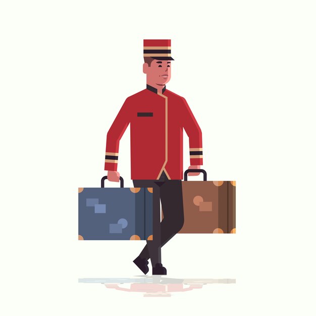 Vector bell boy carrying suitcases service concept bellboy holding luggage male hotel worker in uniform 