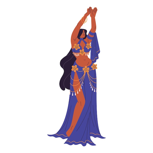 Vector belly dancer in traditional costume dress with golden jewelry perform performer dancing oriental turkish egyptian dance woman moves to arabian music flat isolated vector illustration on white