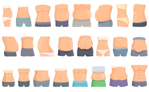 Belly icons set cartoon vector After weight