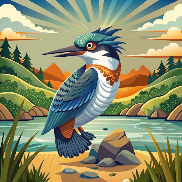 Belted Kingfisher bird caring runs sea vector