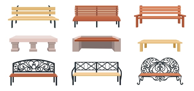 Bench Cartoon wooden outdoor chair Street and park municipal furniture Wicker garden seat and stone couch Urban public area landscape elements template Vector town sitting set