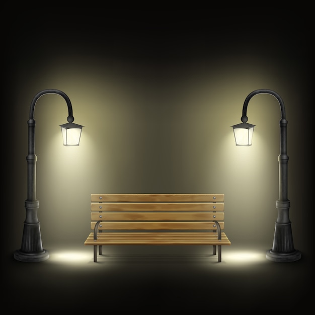 Bench Illuminated By Street Lamps.