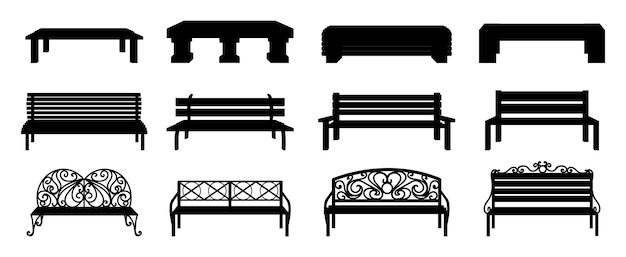 Bench silhouette Black wooden and wicker street chair Isolated park recreation furniture collection Outdoor seat with decorative metal back Landscape elements Vector sitting icons set