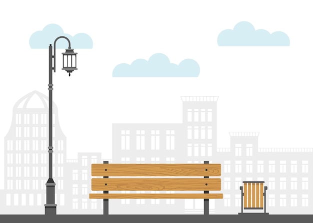 Bench street lamp and urn in the city Cityscape vector illustration