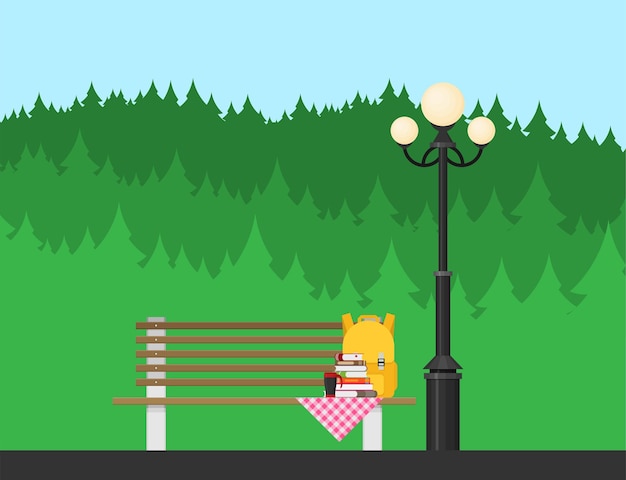 Bench with cup bag and books in the park Flat style vector illustration