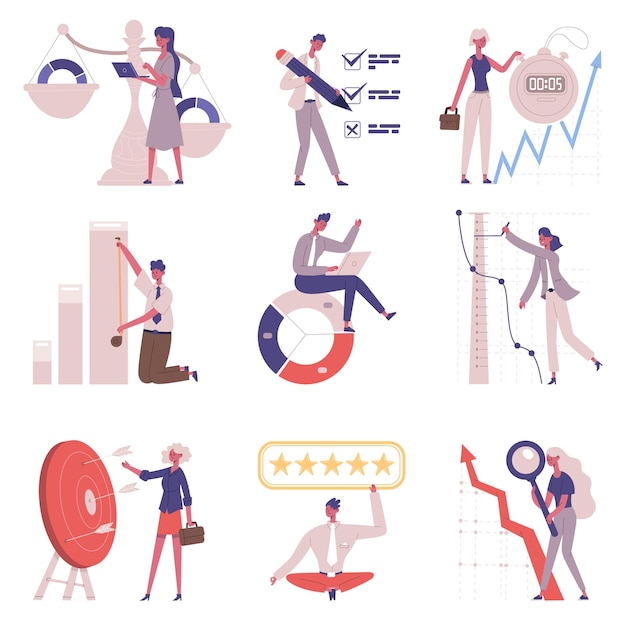 Benchmarking business comparison and improvement model. Business development competitors, benchmark success testing vector illustration set. Company benchmarking concept