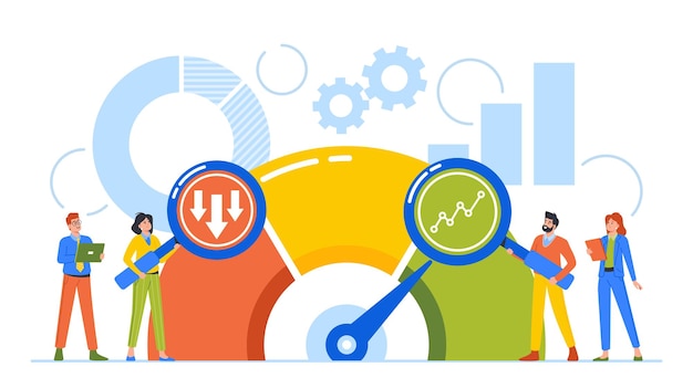 Vector benchmarking business development and improvement concept male and female office characters at rating scale