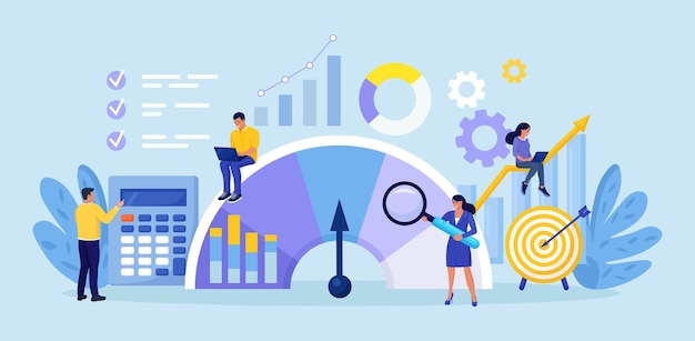 Benchmarking. Compare quality with competitor companies. Performance, quality, cost comparison. Development strategy. People standing near indicator improves company productivity and increases profits