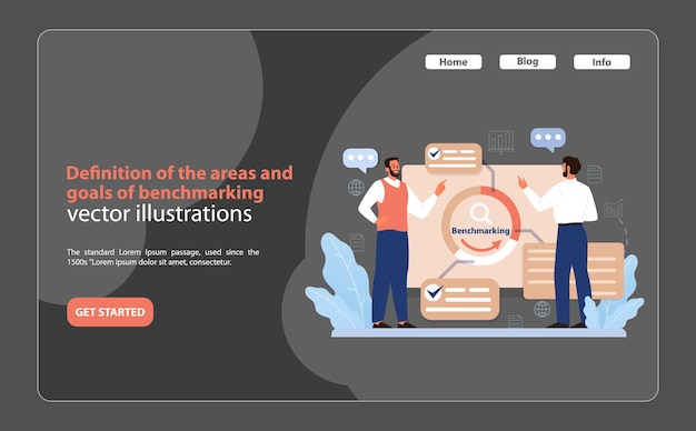 Benchmarking essentials vector two professionals engaging in strategic planning for benchmarking